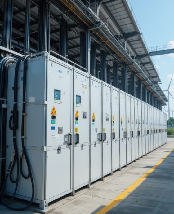 Industrial energy storage facility with battery cabinets outdoors. Sistema di accumulo industriale