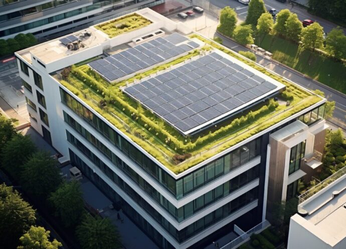 Tetto verde moderno con piante rigogliose e pannelli solari integrati per l’efficienza energetica.
