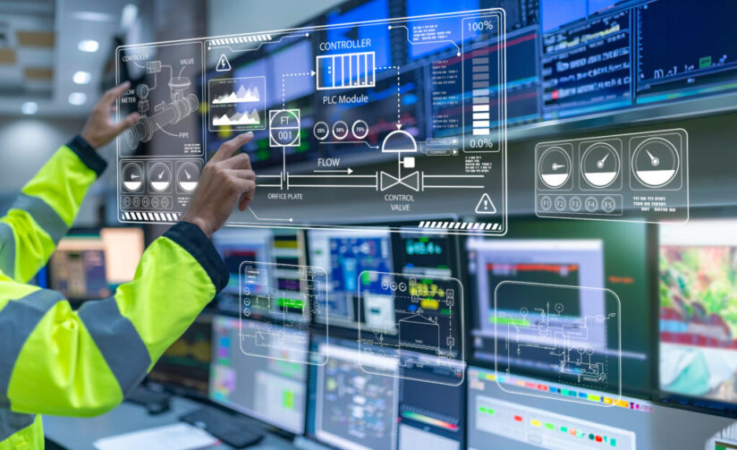 Engineer working at control room,Manager control system,Technician man monitoring program from a lot of monitor Energy efficiency monitoring system